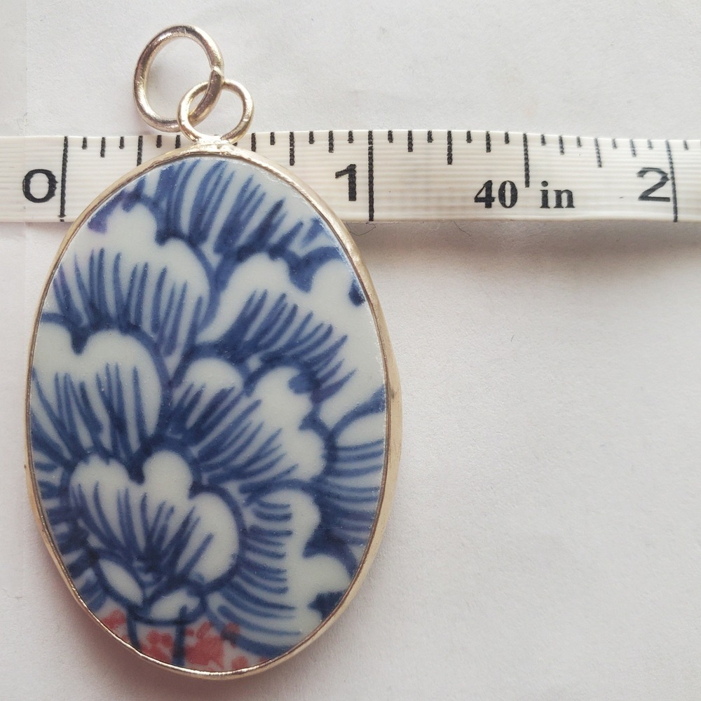 Blue & White Porcelain Floral Oval Pendant Broken‎ China Chinoiserie Jewelry - Picture 7 of 10